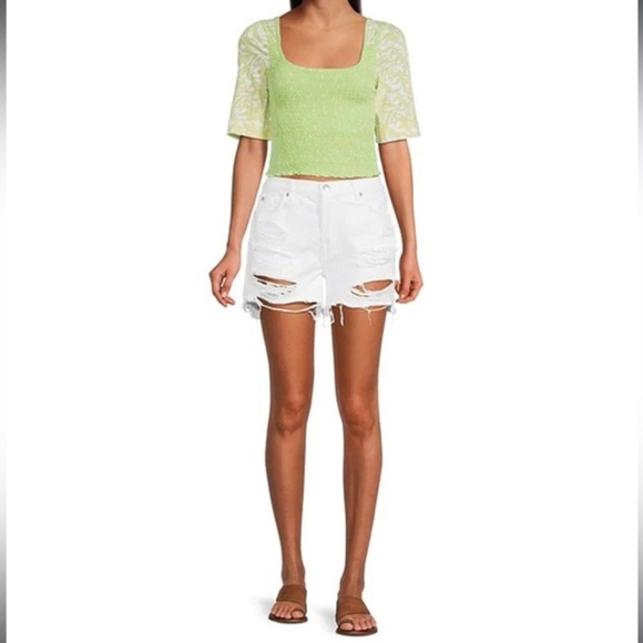 NWT free people Square Neck Contrast Short Sleeve Floral Print Smocked Top - Picture 3 of 7